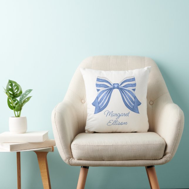 Watercolor Blue Striped Bow Cushion (Chair)