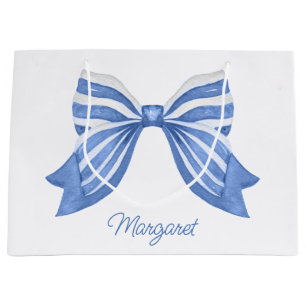 Watercolor Blue Striped Bow Large Gift Bag