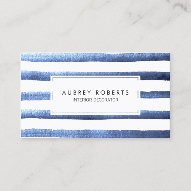 Watercolor Blue Stripes Pattern Professional Business Card (Front)