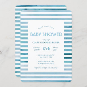 Watercolor Blue Stripes Simple Baby Shower Invitation