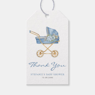 Watercolor Blue Stroller Baby Shower Thank You Gift Tags
