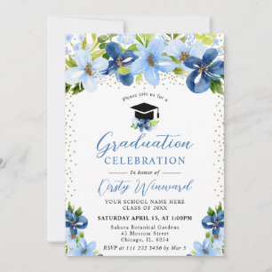 Watercolor Blue Summer Flowers Graduation Invitation