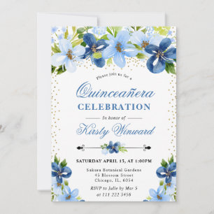 Watercolor Blue Summer Flowers Photo Quinceanera Invitation