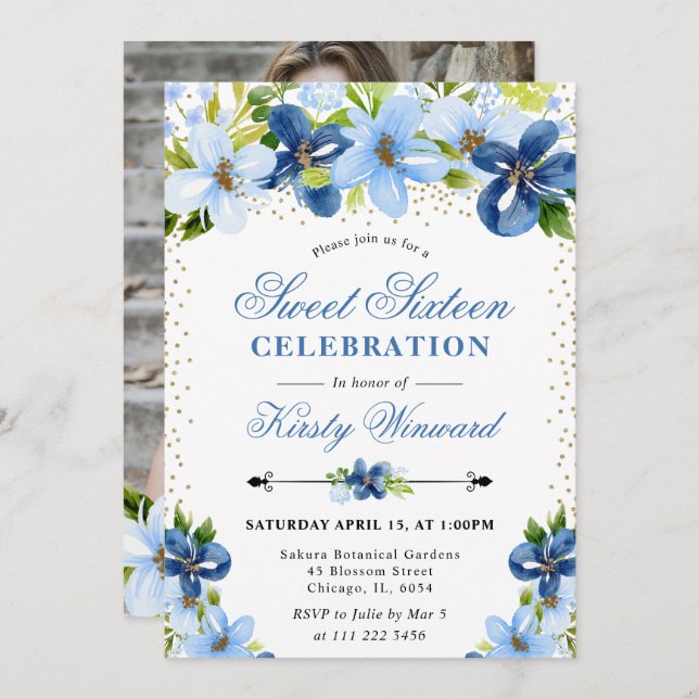 Watercolor Blue Summer Flowers Photo Sweet 16 Invitation (Front/Back)