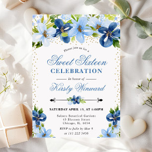 Watercolor Blue Summer Flowers Photo Sweet 16 Invitation