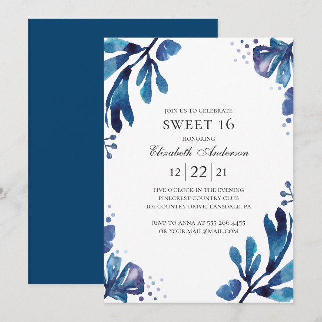Watercolor blue Sweet 16. Floral 16th birthday Invitation (Front/Back)