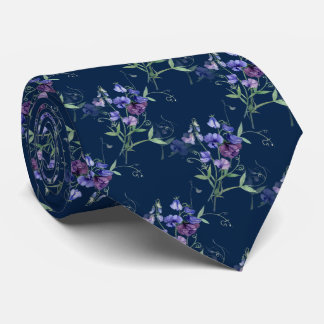Watercolor Blue Sweet Peas Garden Flower Pattern Tie