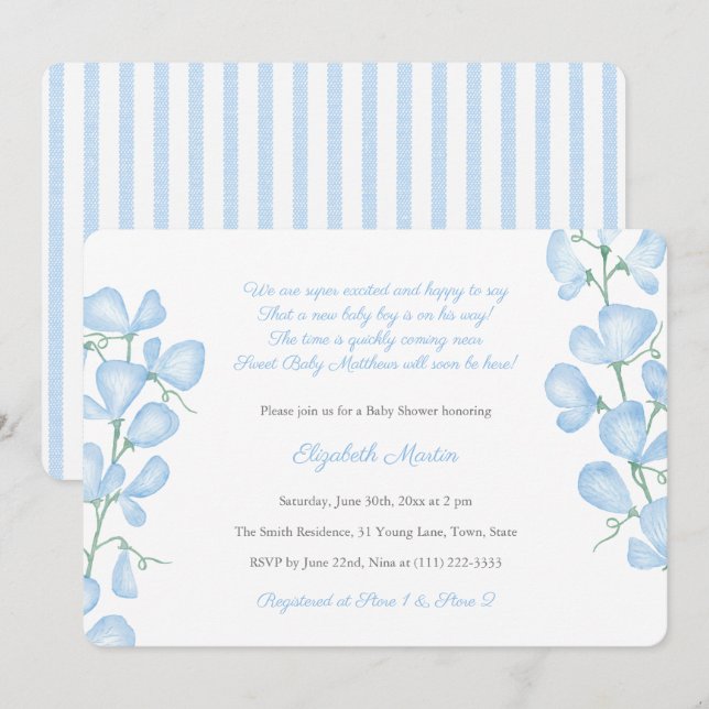 Watercolor Blue Sweet Peas Poem Boy Baby Shower Invitation (Front/Back)