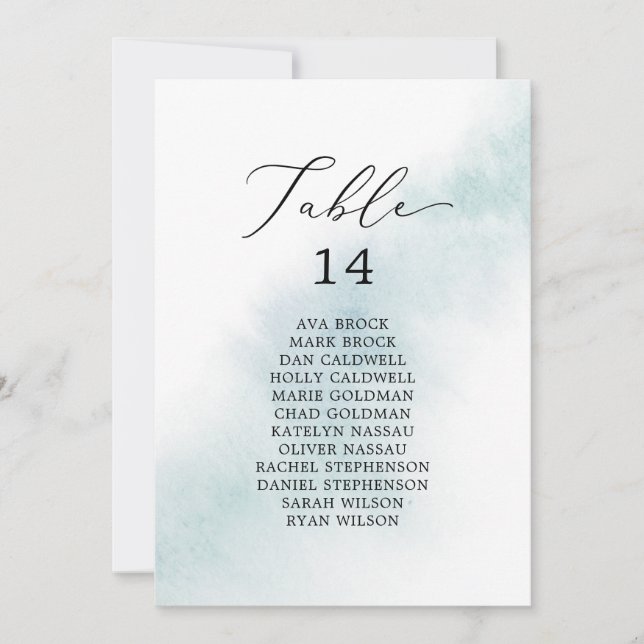 Watercolor Blue Table Number Seating Chart Cards (Front)