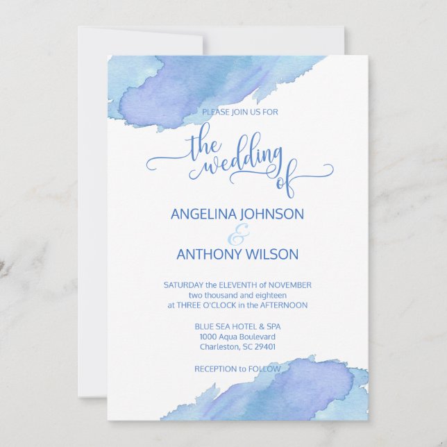 Watercolor Blue Teal Aqua Wedding Invitations (Front)