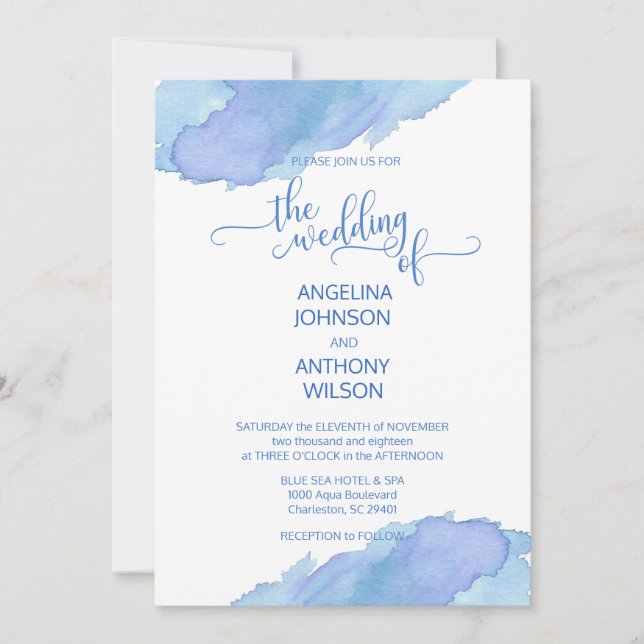 Watercolor Blue Teal Purple Wedding Invitations (Front)