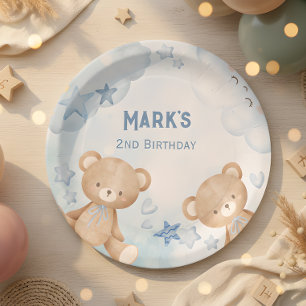 watercolor Blue teddy bear kids Paper Plate