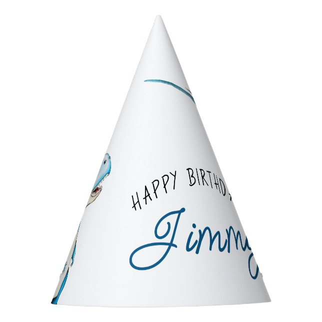 Watercolor Blue Three Rex Dinosaur Birthday Party Hat (Front)