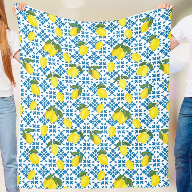Watercolor Blue Tile Yellow Lemon Watercolor Fleece Blanket (Creator Uploaded)