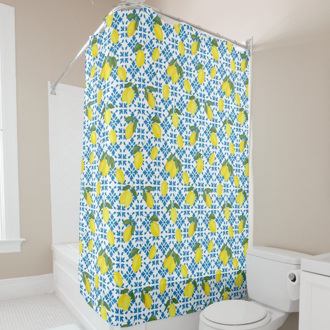 Watercolor Blue Tile Yellow Lemon Watercolor Shower Curtain (Creator Uploaded)