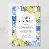 Watercolor Blue Tiles Lemons Italian Baby Shower