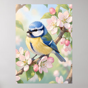 Watercolor  Blue Tit Bird on Apple Tree Poster