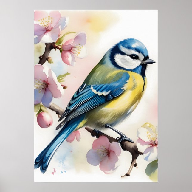 Watercolor Blue Tit Bird on Apple Tree Spring Poster (Front)