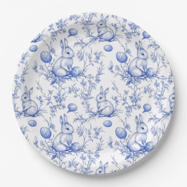 Watercolor Blue Toile De Jouy Easter Bunny Paper Plate (Front)