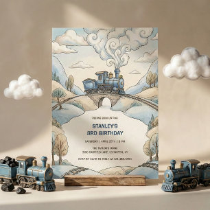 Watercolor Blue Train Travel Boys Birthday Party Invitation