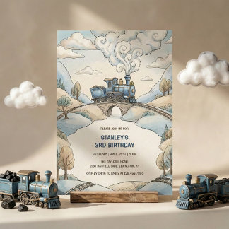 Watercolor Blue Train Travel Boys Birthday Party Invitation