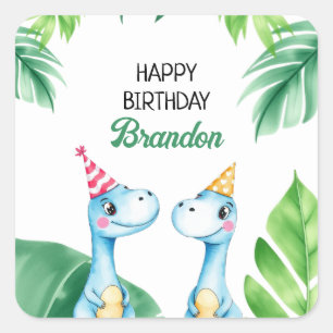 Watercolor Blue Trex Greenery Kids 3rd Birthday Square Sticker