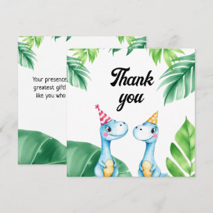 Watercolor Blue Trex Greenery Kids 3rd Birthday Thank You Card