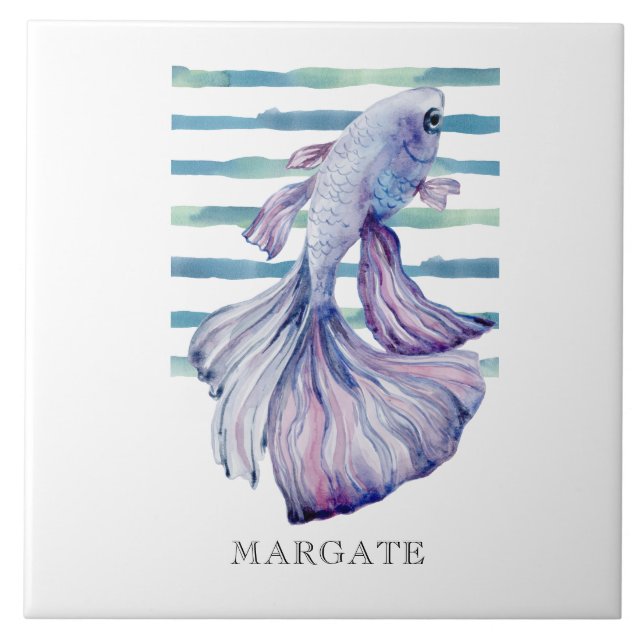 Watercolor Blue TROPICAL FISH  Beach MARGATE  Tile (Front)