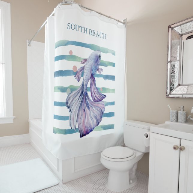 WATERCOLOR BLUE TROPICAL FISH BEACH VACATION  SHOWER CURTAIN (In Situ)