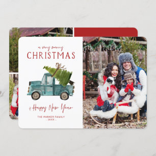 Watercolor Blue Truck Christmas Holiday Photo Invitation
