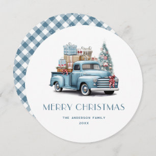 Watercolor Blue Truck Gingham Plaid Christmas Card