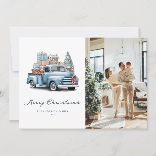 Watercolor Blue Truck Photo Merry Christmas Card (Front)