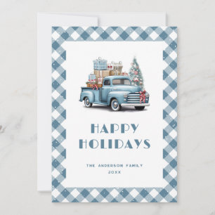 Watercolor Blue Truck Snow Plaid Holiday Card
