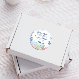 Watercolor blue under the sea baby shower classic round sticker
