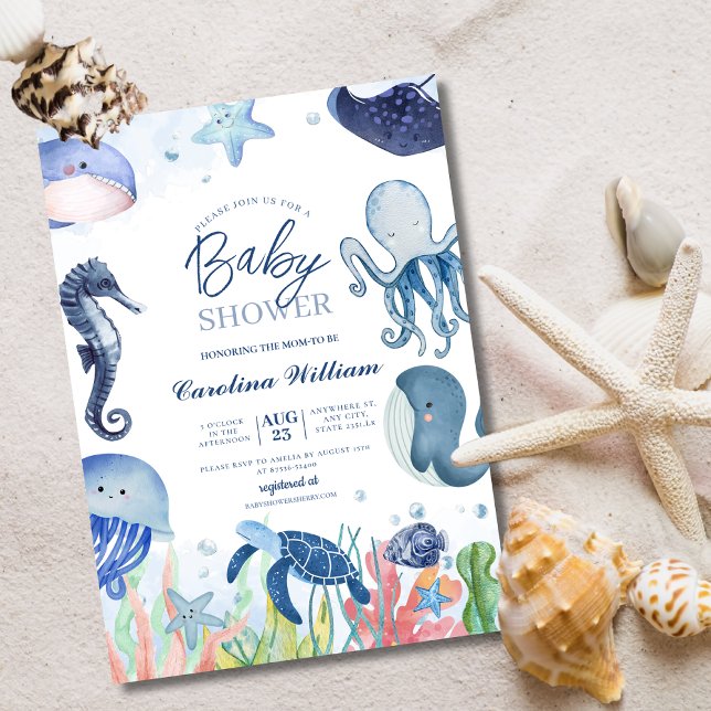 Watercolor blue under the sea baby shower invitation (Creator Uploaded)