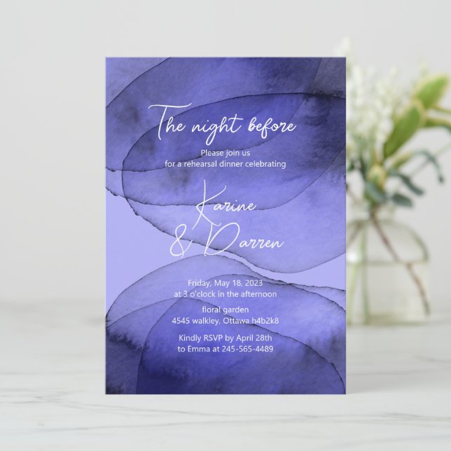 Watercolor blue violet lavender Rehearsal Dinner Invitation (Standing Front)