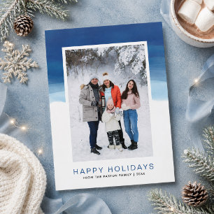 Watercolor Blue Wave Happy Holiday Photo Card