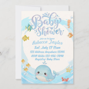 Watercolor Blue Wave Whale Baby Shower Invitation