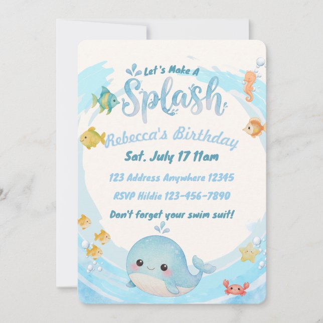 Watercolor Blue Wave Whale Birthday Invitation (Front)