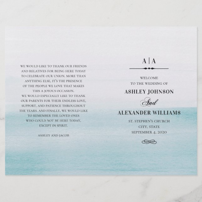 Watercolor blue wedding. Elegant program folded (Front)