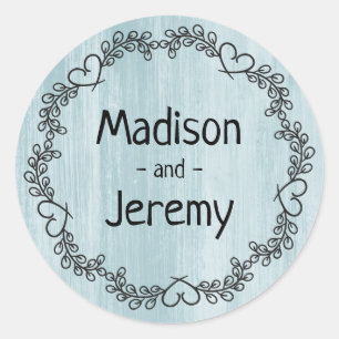 Watercolor Blue Wedding Hearts Floral Vintage Wood Classic Round Sticker