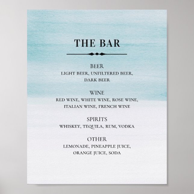 Watercolor blue wedding. Simple alcohol drinks bar Poster (Front)