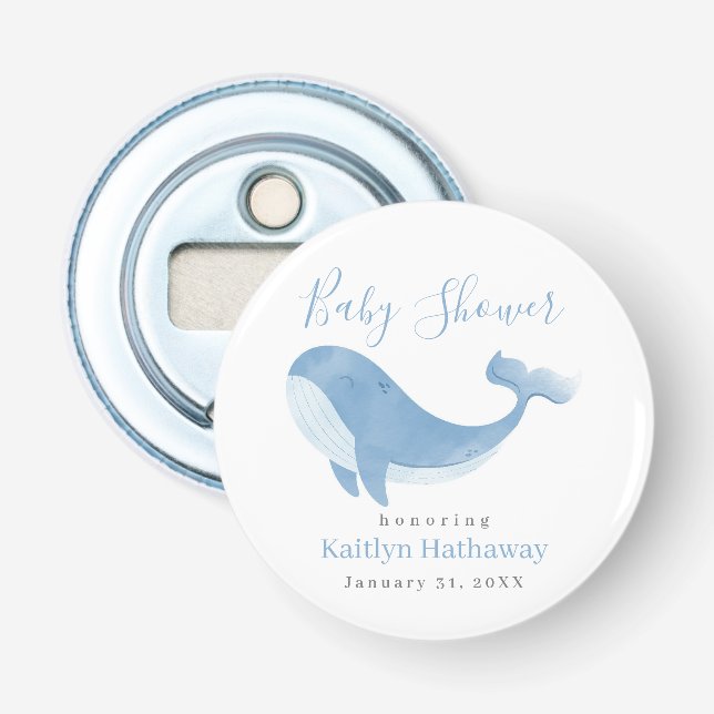 Watercolor Blue Whale Baby Shower Bottle Opener (Front)