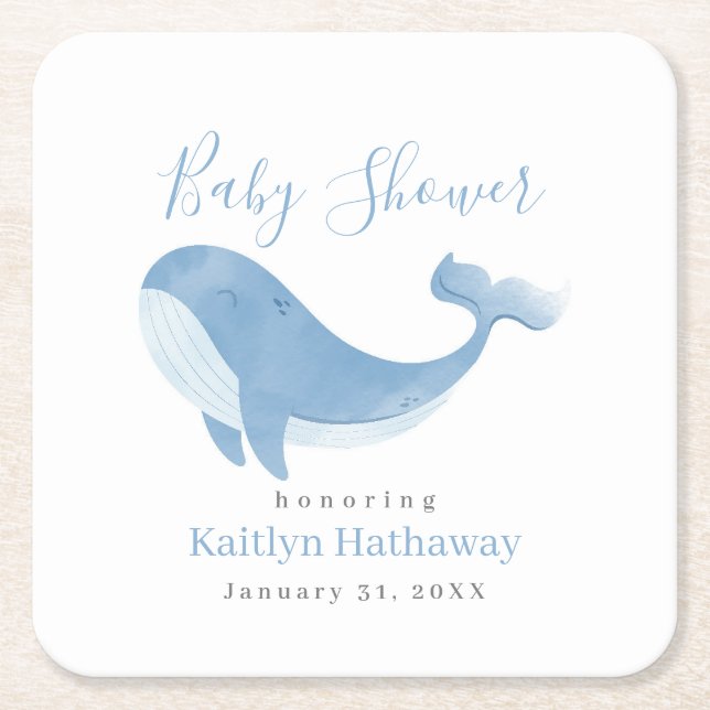 Watercolor Blue Whale Baby Shower Square Paper Coaster (Front)