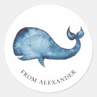 Watercolor blue whale. Kids birthday thank you