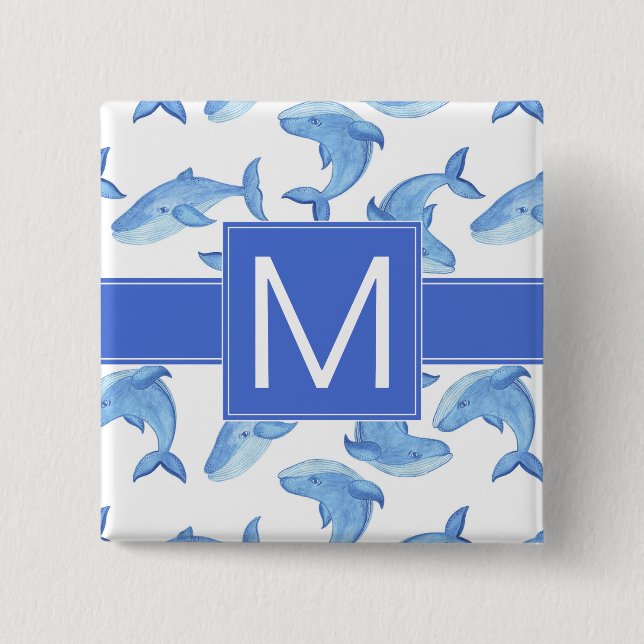 Watercolor Blue Whale Pattern 15 Cm Square Badge (Front)