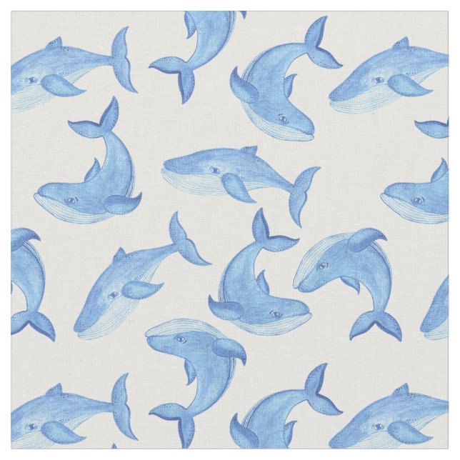 Watercolor Blue Whale Pattern 3 Fabric (Close Up)