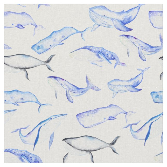 Watercolor Blue Whale Pattern 5 Fabric (Close Up)