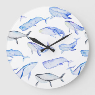 Watercolor Blue Whale Pattern Large Clock