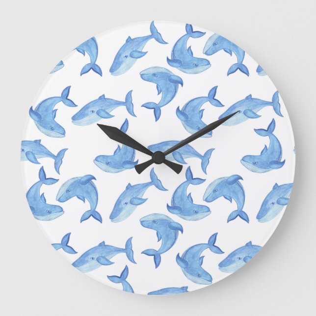Watercolor Blue Whale Pattern Large Clock (Front)